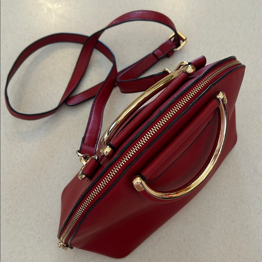 Isabelle Handbag with Gold-Tone Ring Handle Crossbody Clutch Red Purse - Picture 9 of 12